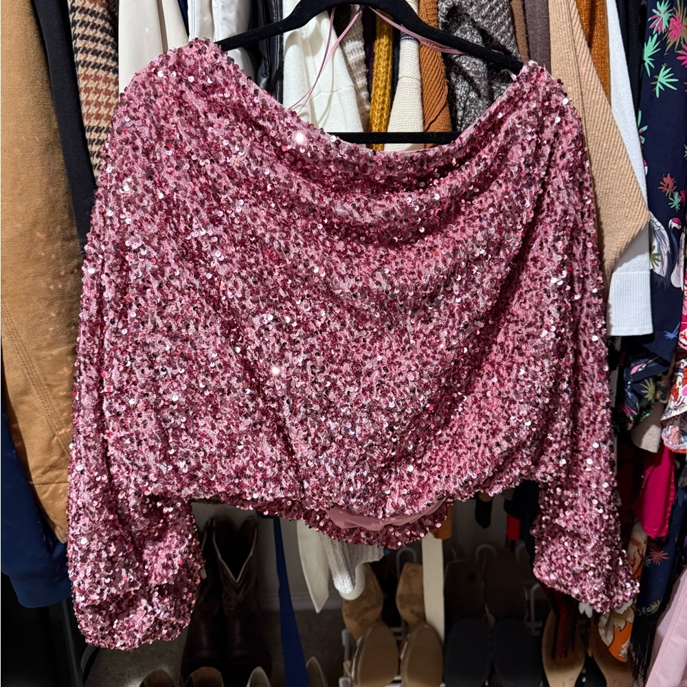 Pink Off the Shoulder Sequin Crop Top